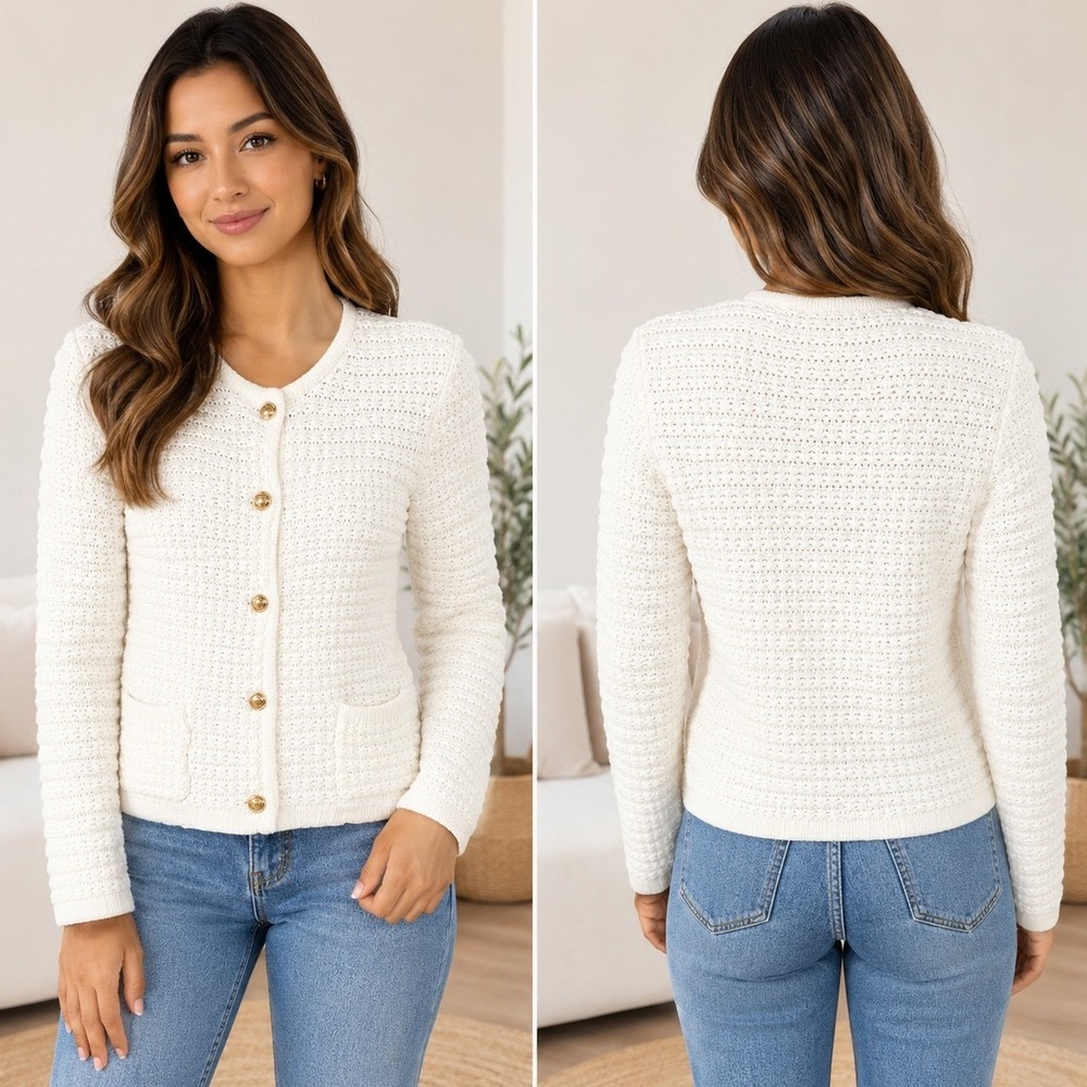 House of Harlow 1960 Cardigan Sweater Jacket Large White Gold Button Knit